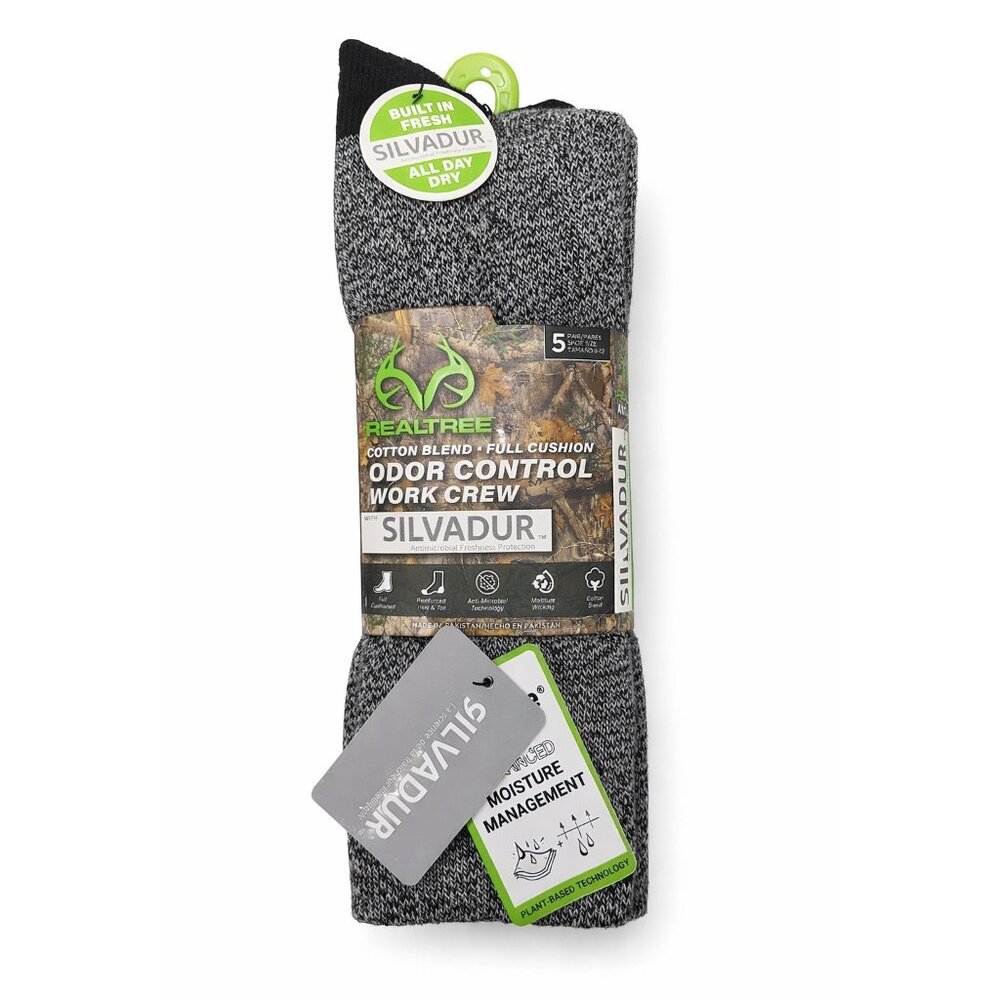 Realtree Men’s Odor Control Work Crew Socks‎ Silvadur 5 Pair Size 6-12